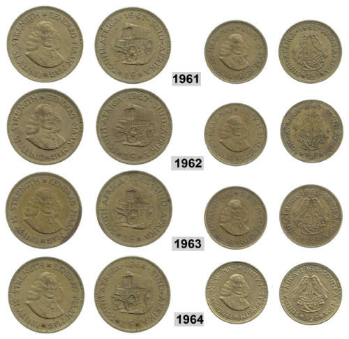 Republic of South Africa: COMPLETE first decimal Cent & Half Cent Set (1961-1964)