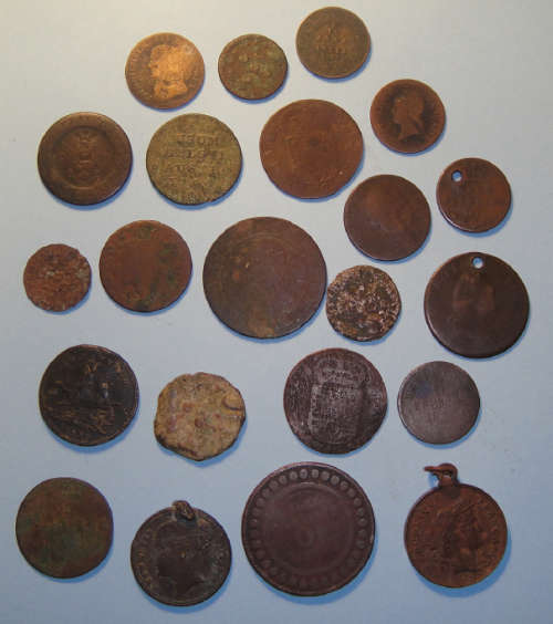 Twenty-two old Copper Coins, Medals and Tokens from the 1700s and 1800s