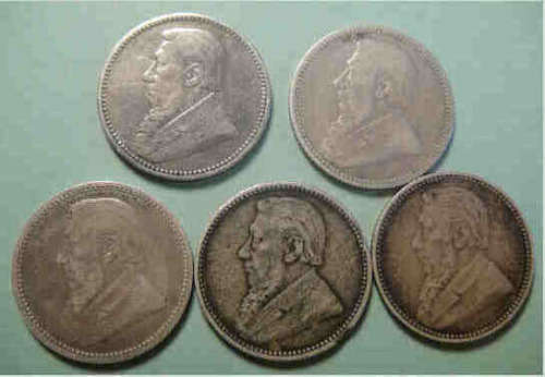 Paul Kruger ZAR : Five Sixpence Pieces of 1892, 1893, 1895, 1896 & 1897