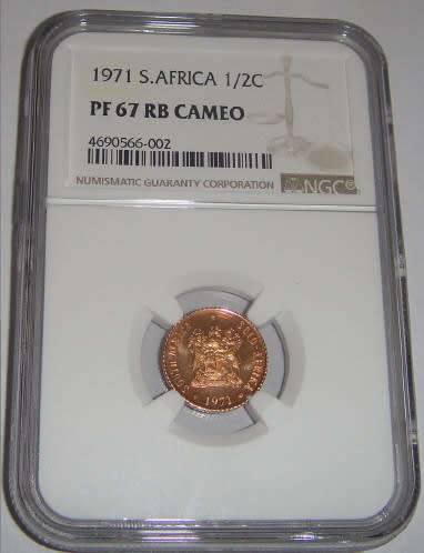 Republic of South Africa : Half Cent of 1971 : NGC graded PF67 RB Cameo