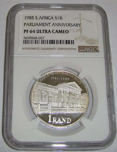 Republic of South Africa: Silver R1 of 1985 (Parliament Anniversary) NGC graded PF 64 Ultra Cameo