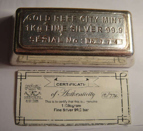 Gold Reef City Mint: One Kilogram (1000 grams) of 99.9 Fine Silver Bar