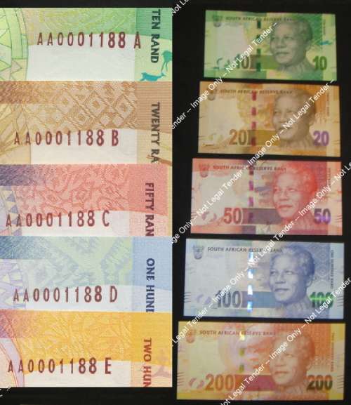 Republic of South Africa: Complete Mandela Bank Note Set all numbered AA0001188 E