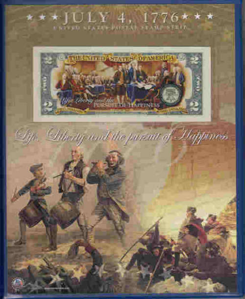 US 1776 Declaration of Independence: Federal Reserve Bank $2 Note and US Postal Stamp Strip