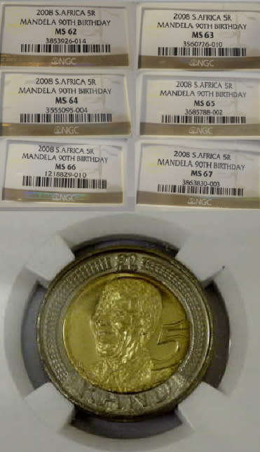 For the Specialist Collector: NGC graded Mandela R5 coins of 2008 in SIX GRADES : MS62 up to MS67