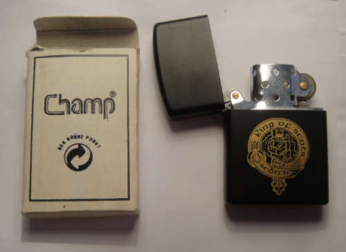 Vintage Champ Lighter (King of Scots Scotch) with original box and note
