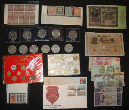 Large Lot of World-Wide Collectables including Coins, Notes & Stamps