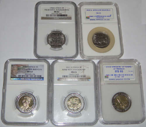 Republic of South Africa : Five Different Encapsulated & Graded R5 Coins