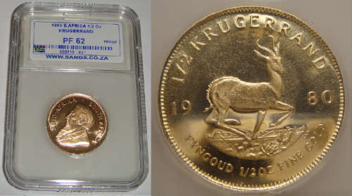 Rare Genuine PROOF ½ OZ Krugerrand of 1980 (Only 60 Proofs struck) : Sangs graded PF62