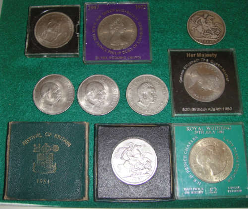 Nine World Crown-size coins including a Victorian 5-Shillings of 1890