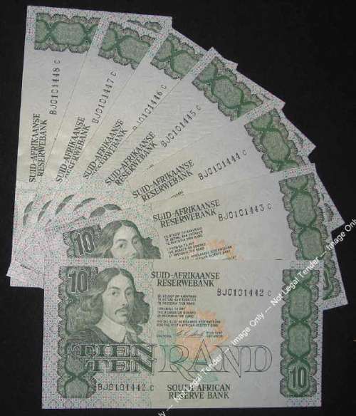 Republic of South Africa : Seven C Stals R10 Notes of 1990 in sequential serial number order