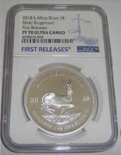 Republic of South Africa: Silver Krugerrand of 2018 : NGC graded PF70 Ultra Cameo (First Releases)