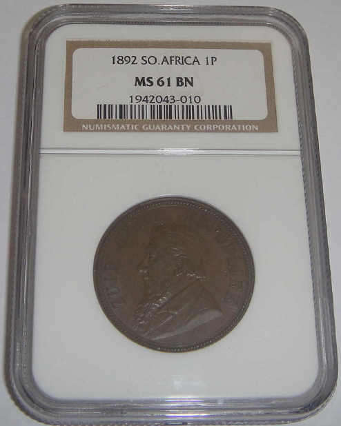 Paul Kruger ZAR Penny of 1892 (NGC graded MS61 BN)