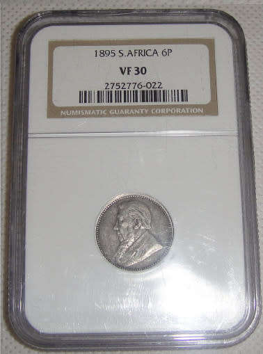 Paul Kruger ZAR Sixpence of 1895 : NGC graded VF30