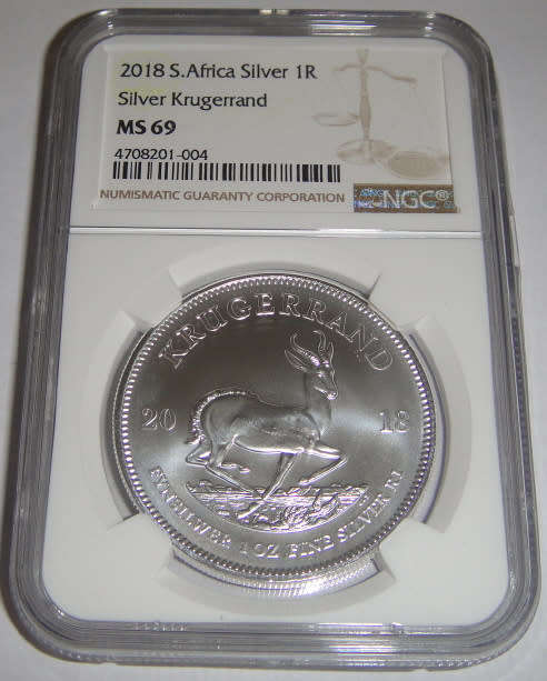 Republic of South Africa : Silver Krugerrand of 2018 : NGC graded MS69