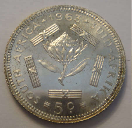 Republic of South Africa : Silver Five Cent of 1963 (Proof Condition)