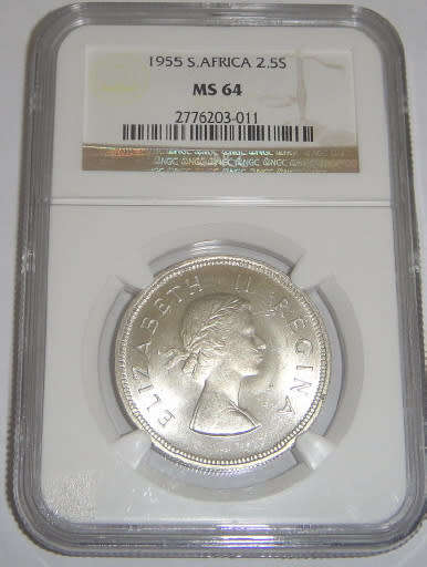 Union of South Africa : Half Crown (2/6-) of 1955 : NGC graded MS64