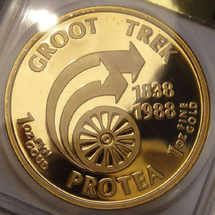 Republic of South Africa: PROOF 1 Oz GOLD Protea of 1988 (Great Trek): SAGCE 105 Points
