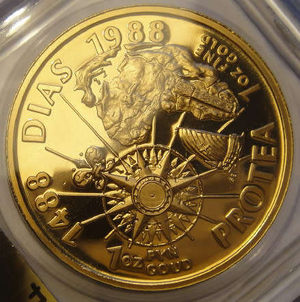 Republic of South Africa: PROOF 1 Oz GOLD Protea of 1988 (Bartholomew Dias): SAGCE 102 Points