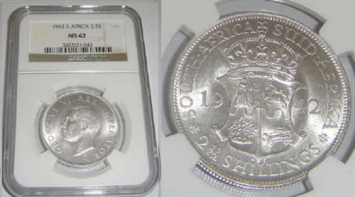 Union of South Africa : Half Crown (2/6-) of 1942 : NGC graded MS62