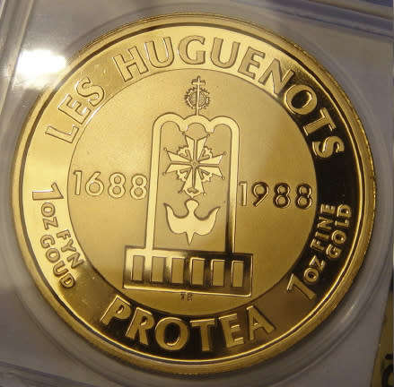 Republic of South Africa: PROOF 1 Oz GOLD Protea of 1988 (The Huguenots): SAGCE 103 Points