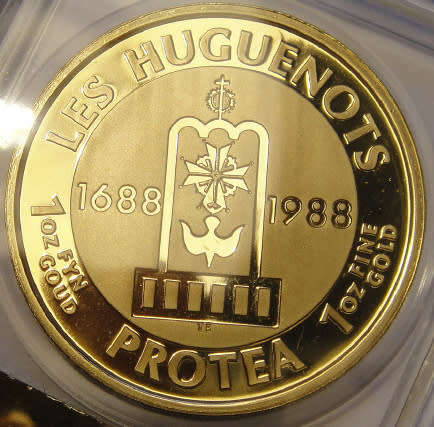 Republic of South Africa: PROOF 1 Oz GOLD Protea of 1988 (The Huguenots): SAGCE 103 Points