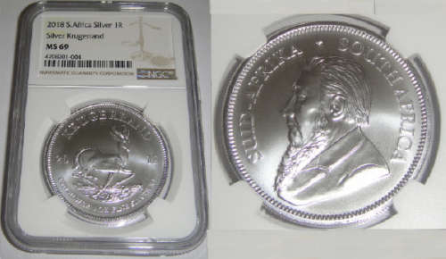 Republic of South Africa : Silver Krugerrand of 2018 : NGC graded MS69