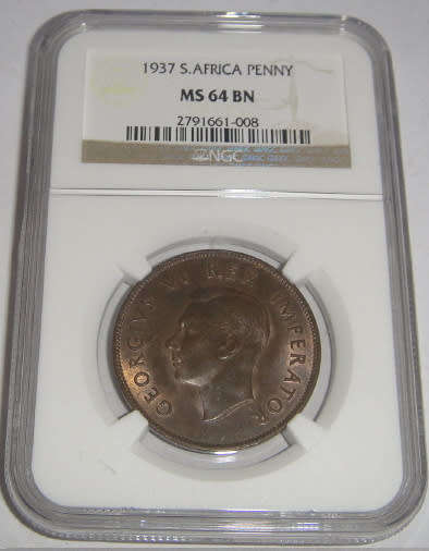 Union of South Africa 1937 Penny : NGC graded MS 64 BN