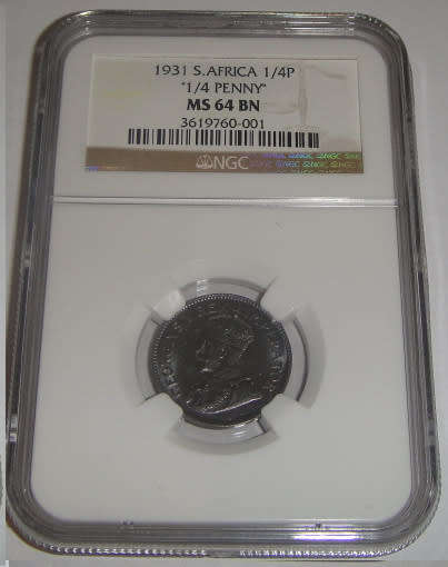 Union of South Africa : Farthing (Quarter Penny) of 1931 (Z) : NGC graded MS 64 BN