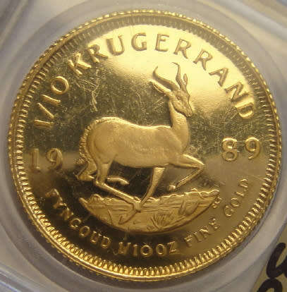 Republic of South Africa : PROOF 1/10th Oz GOLD KRUGERRAND of 1989