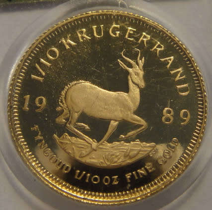 Republic of South Africa : PROOF 1/10th Oz GOLD KRUGERRAND of 1989