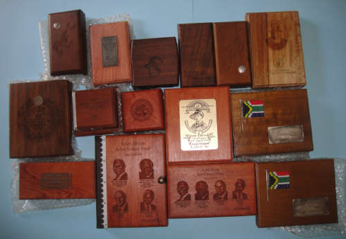 Sixteen South African Mint Wooden Coin Display Boxes