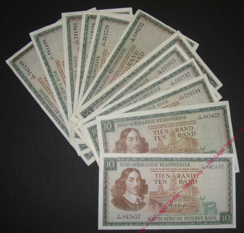 Republic of South Africa :  Twelve Jan van Riebeeck R10 notes of  1967 & 1975