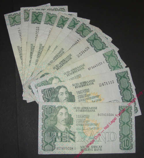 Republic of South Africa : Eleven  Jan van Riebeeck R10 notes of the 1980s & 1990