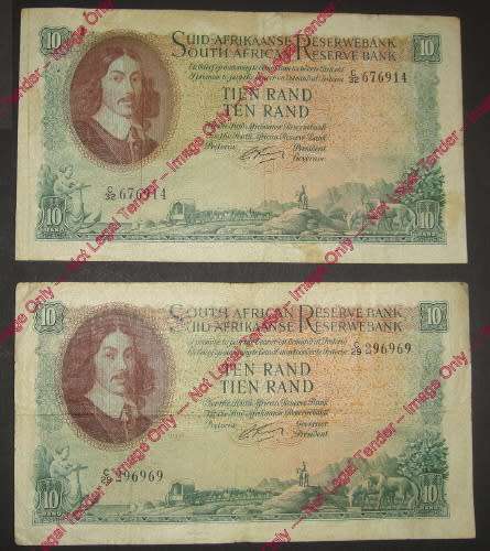 Republic of South Africa : Two Jan van Riebeeck R10 notes of 1962