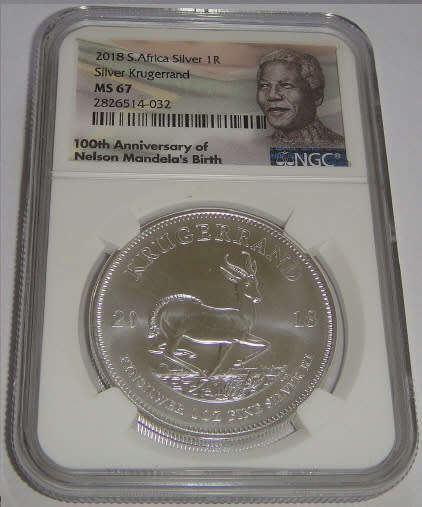 Republic of South Africa : Silver Krugerrand of 2018 : NGC graded MS 67
