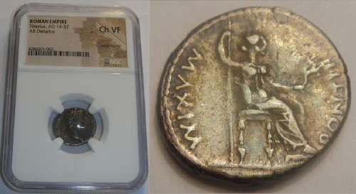 ANCIENT ROME: The Silver Tribute Penny of the Bible (Emperor Tiberius 14-37 AD) NGC graded Choice VF