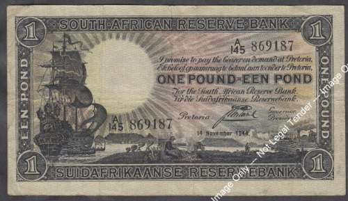 Union  of South Africa : J Postmus : One Pound Bank Note of 14 November 1944