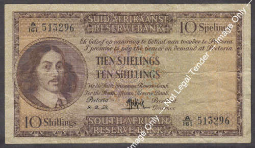 Union  of South Africa : MH de Kock : Ten Shilling Bank Note of 9 September 1958