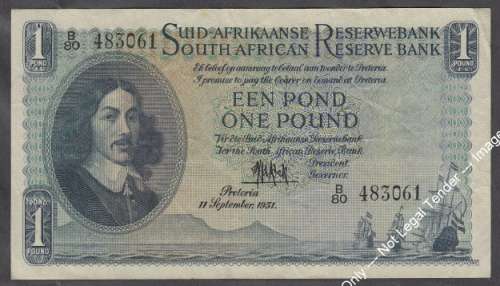 Union  of South Africa: MH de Kock : One Pound Bank Note of 11 September 1951