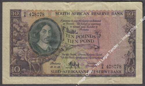 Union  of South Africa : MH de Kock : Ten Pound Bank Note of 19 November 1958