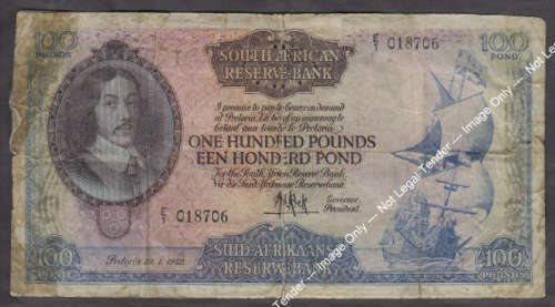 Union of South Africa : ONE HUNDRED POUNDS Bank Note of 29 January 1952
