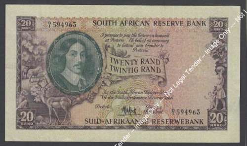 Republic of South Africa : MH de Kock : Twenty Rand Bank Note of 1961