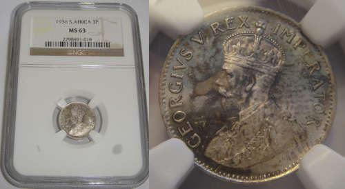 Union of South Africa : Three Pence (3d) of 1936 : NGC graded MS 63