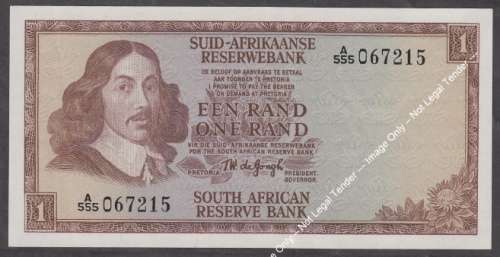 Republic of South Africa : TW de Jongh : One Rand Bank Note of 1967
