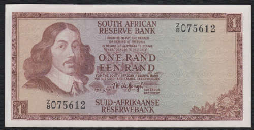 Republic of South Africa : TW de Jongh : Z8 Replacement One Rand Bank Note of 1967