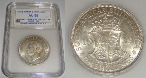 Union of South Africa : Half Crown (2/6-) of 1939 : Sangs graded AU 58