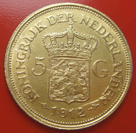 Netherlands: Queen Wilhelmina : GOLD 5-Gulden of 1912 (Coin 1 of 2)