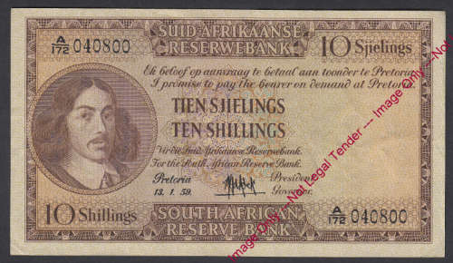 Union of South Africa : Tien Sjiellings / Ten Shillings of 13 January 1959
