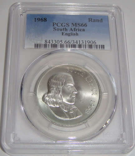 Republic of South Africa : Silver R1 of 1968 (English) : PCGS graded MS 66 (Exceptional Grade)